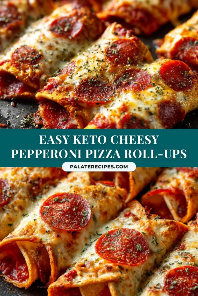 A shareable pin image of Keto Pepperoni Pizza Roll-Ups with text overlay. The roll-ups are golden brown and arranged on a serving platter.