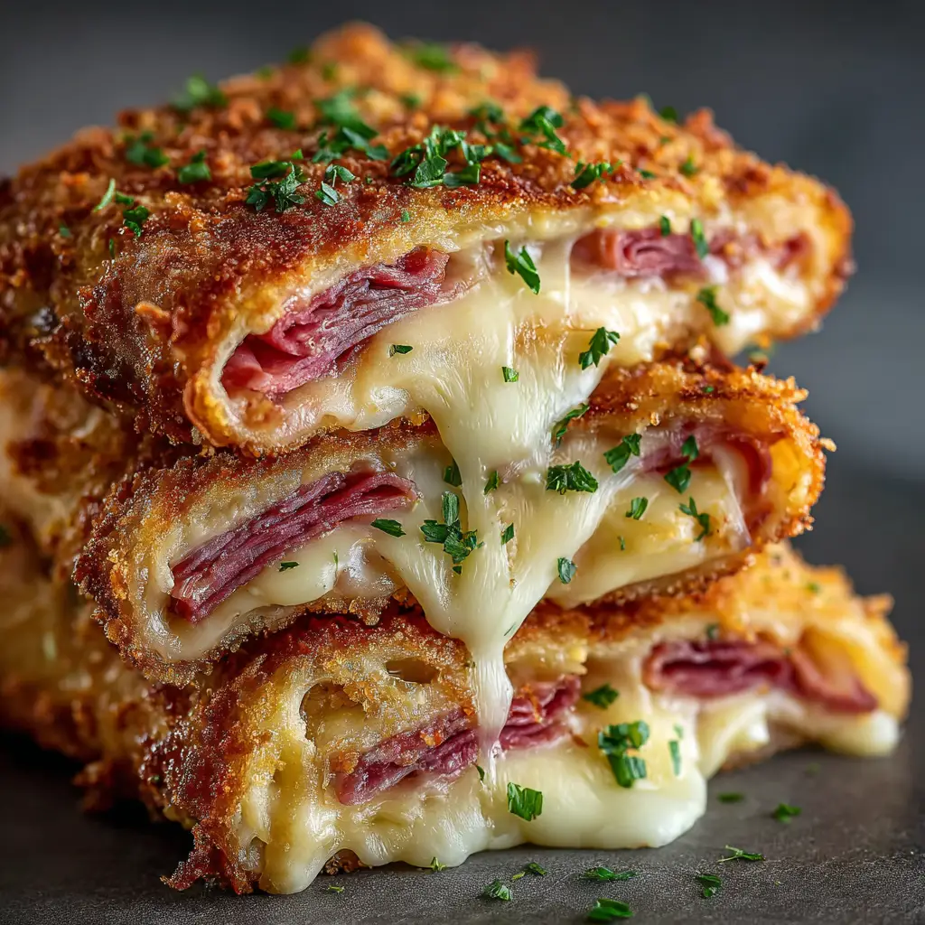 Keto Reuben Roll-Ups: The Ultimate Crispy, Cheesy Appetizer 2 The process of making keto reuben roll-ups, showing the melted Swiss cheese slices being layered with corned beef and sauerkraut before rolling.