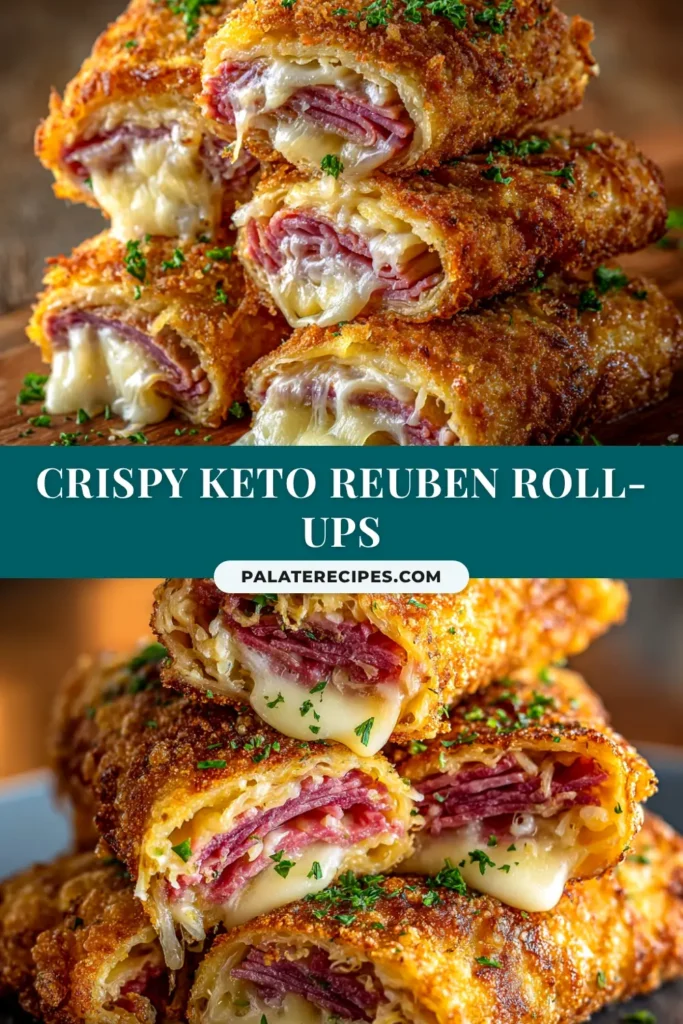 Keto Reuben Roll-Ups: The Ultimate Crispy, Cheesy Appetizer 5 A platter of crispy Keto Reuben Roll-Ups, sliced into pinwheels and served with a side of Thousand Island dressing for dipping. The perfect low-carb appetizer.