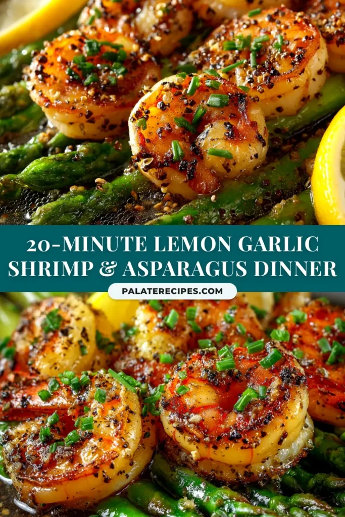 Lemon Garlic Shrimp and Asparagus (Easy One-Pan Recipe) 4 A top-down view of a serving of Lemon Garlic Shrimp and Asparagus in a white bowl, garnished with fresh parsley and a lemon wedge.