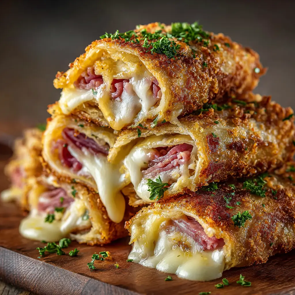 Keto Reuben Roll-Ups: The Ultimate Crispy, Cheesy Appetizer 3 A close-up shot of a stack of golden-brown low carb reuben roll-ups, showing the layers of corned beef, sauerkraut, and melted Swiss cheese.