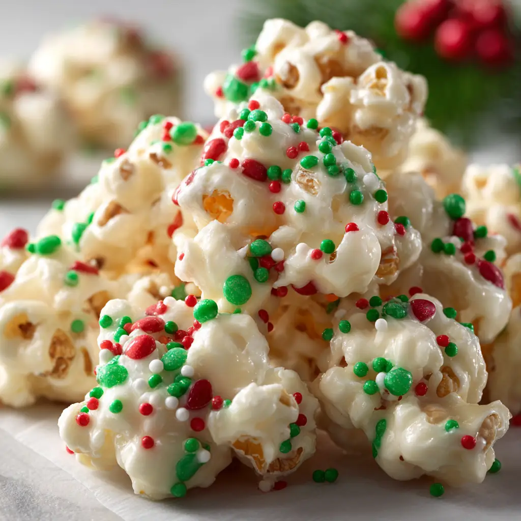 Almond Bark Puffcorn Crack (The Easiest 3-Ingredient Snack!) 2 A batch of freshly made Almond Bark Puffcorn Crack spread out on a baking sheet to set, covered in festive sprinkles.