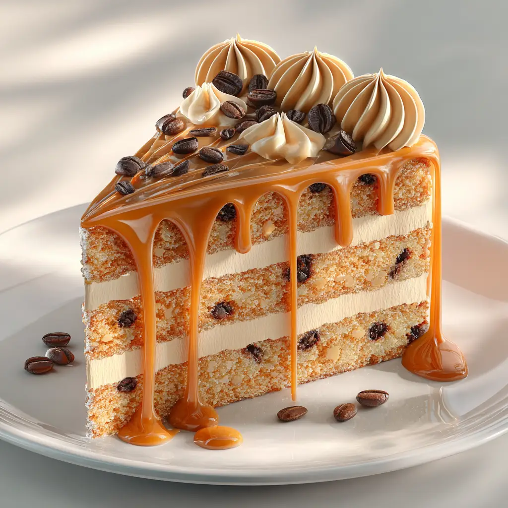 Coffee Caramel Cake: The Ultimate Recipe for a Perfect Treat 2 The process of drizzling homemade caramel sauce over the top of the frosted coffee caramel cake.