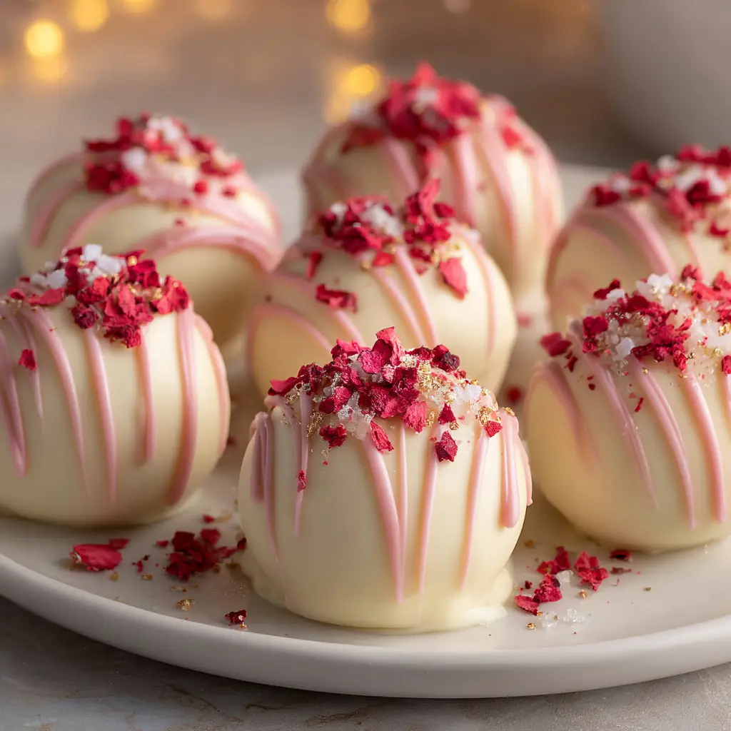 A close-up of easy cheesecake bites being dipped into a bowl of melted white chocolate.