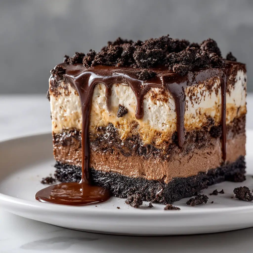 Oreo Dirt Cake Recipe (The Easiest No-Bake Treat!) 2 A baker assembling the Oreo dirt cake in a glass dish, spreading the final layer of Cool Whip before adding the crushed Oreo topping.