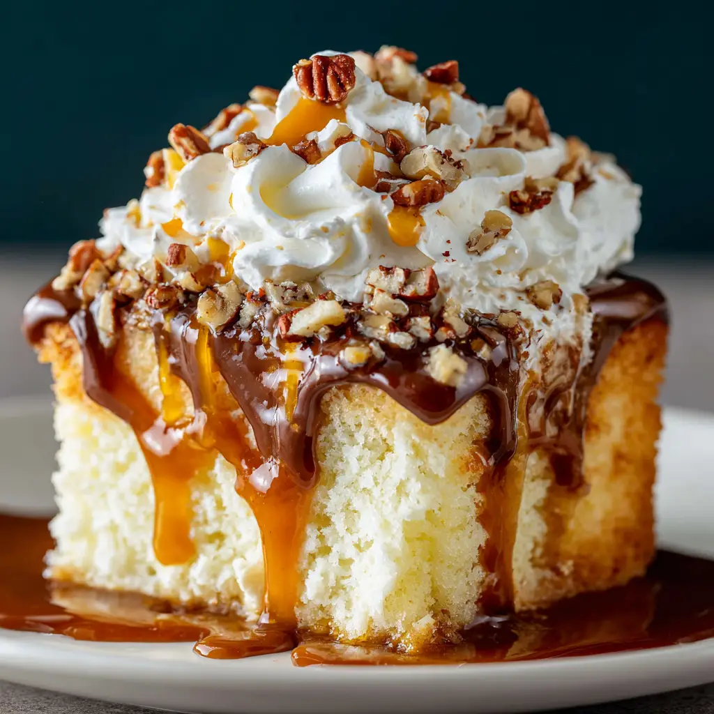 A 9x13 inch pan of freshly baked Turtle Poke Cake being filled with a caramel and condensed milk mixture.