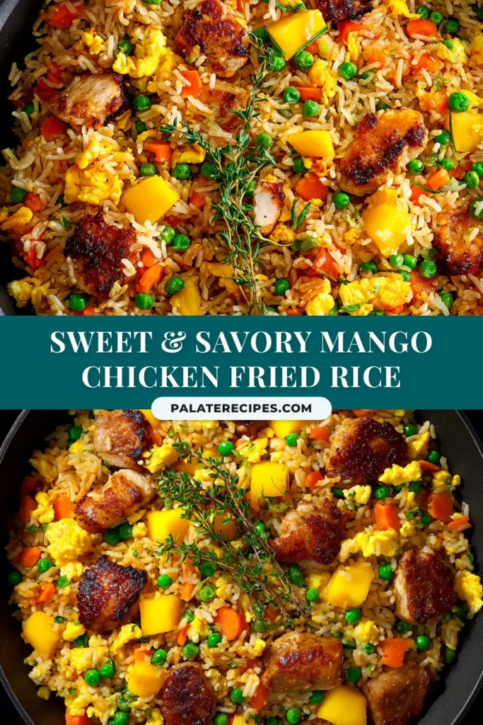 A top-down shot of homemade Mango Chicken Fried Rice in a white bowl, garnished with fresh scallions and sesame seeds. The vibrant colors of the mango, chicken, and vegetables are clearly visible.