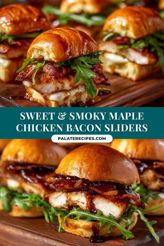 Maple Chicken Bacon Sliders: Sweet, Savory & Irresistible! 5 A platter of delicious Maple Chicken Bacon Sliders, fresh from the oven with melted cheese and a glossy maple glaze. The perfect sweet and savory party appetizer.