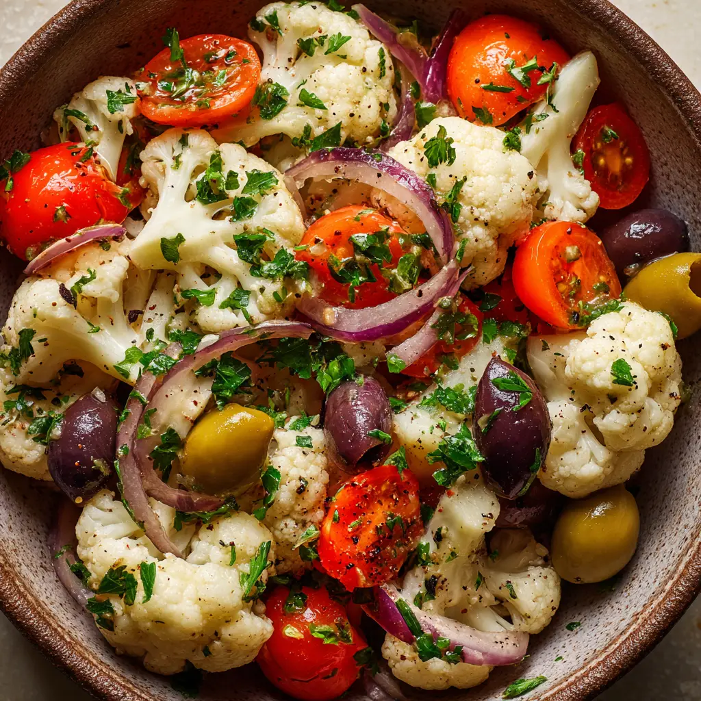 Sicilian Cauliflower Salad (Authentic & Easy Recipe) 2 A bowl of marinated Italian cauliflower salad, with ingredients like red onion and celery clearly visible, emphasizing its fresh and crisp texture.