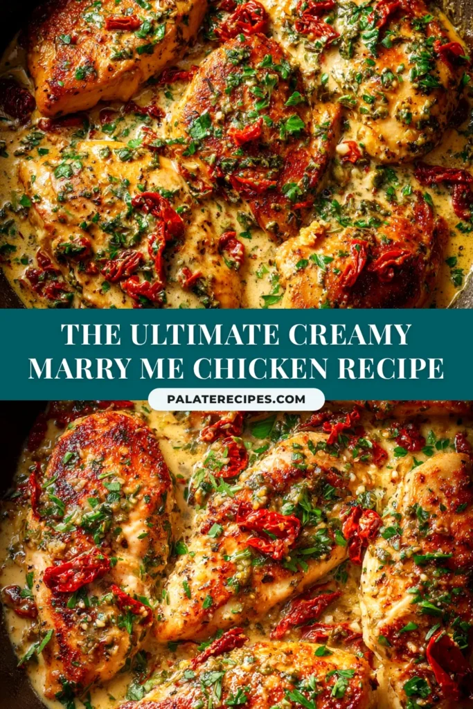 A skillet of creamy Marry Me Chicken, garnished with fresh basil. The chicken is golden-brown and covered in a rich sun-dried tomato and parmesan sauce.