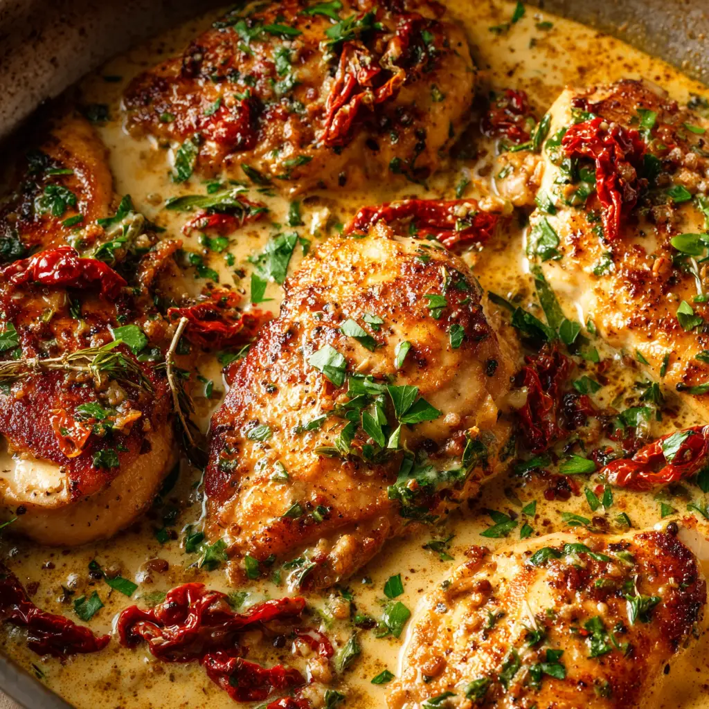A detailed shot of the savory ingredients in the Marry Me Chicken sauce, including garlic and herbs.