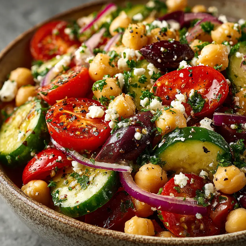 Greek Chickpea Salad (The Only Recipe You'll Need) 3 A close-up shot of the Mediterranean chickpea salad, showing the fresh ingredients like chopped cucumber, cherry tomatoes, and crumbled feta cheese.