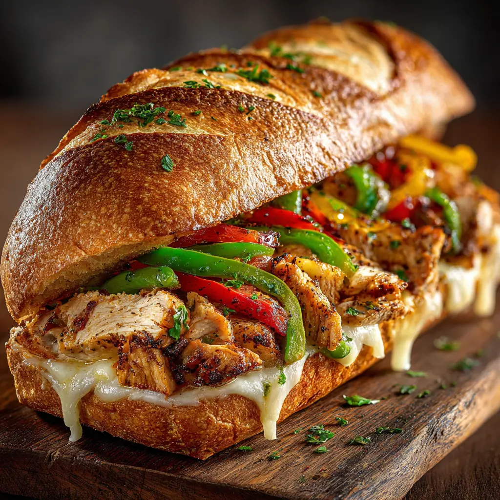 Chicken Cheesesteak Sandwich (The Ultimate Recipe) 2 Assembling the chicken cheesesteak sandwich with melted provolone cheese being draped over the chicken and veggie mixture in the skillet before being scooped into a hoagie roll.