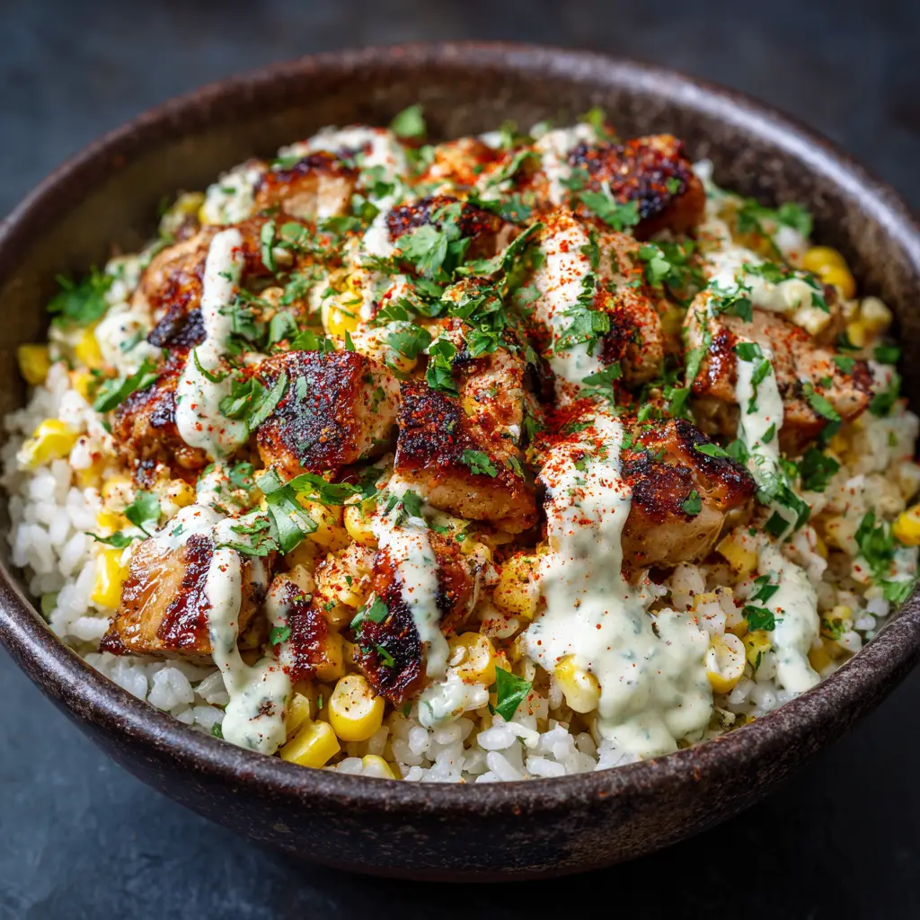 Street Corn Chicken Rice Bowl: A Flavor-Packed Weeknight Meal 3 An overhead close-up shot of the Mexican street corn salsa, a key component of the chicken rice bowl, showing the charred corn and cotija cheese.