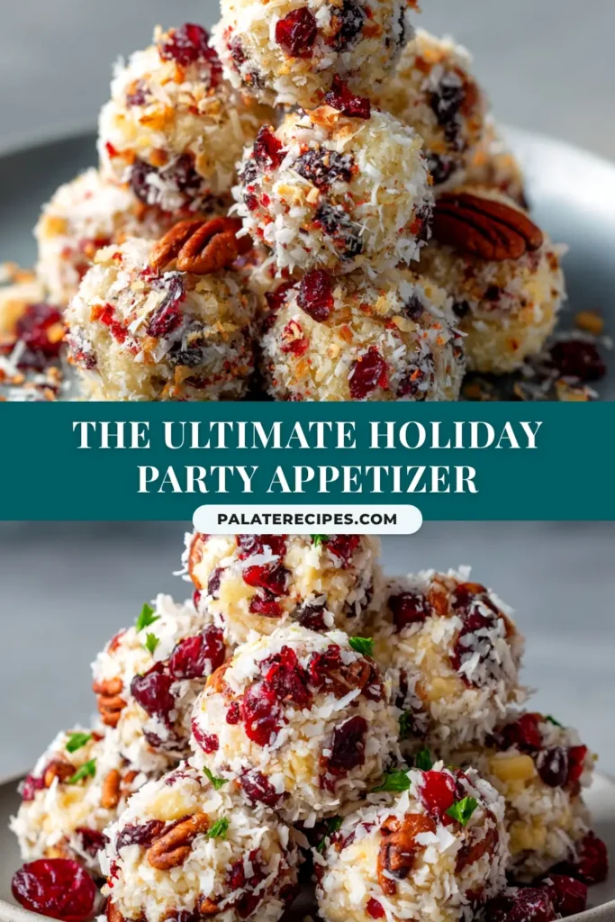 A platter of Mini Pineapple Cranberry Pecan Cheese Balls rolled in pecans and cranberries, ready to be served as a party appetizer.