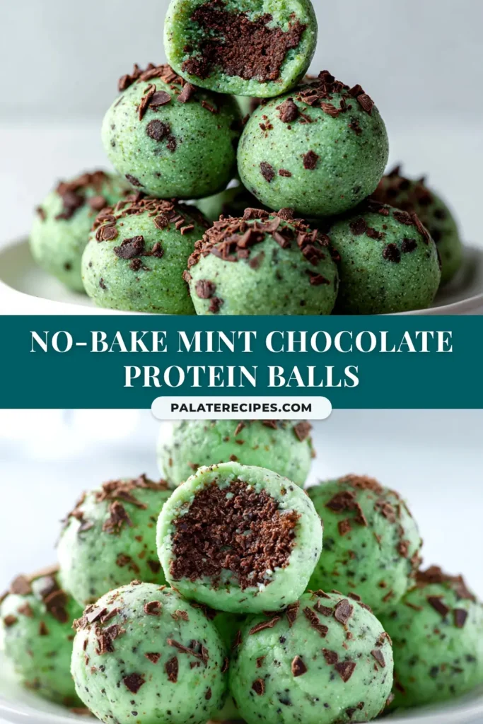 A top-down view of several mint chocolate chip protein balls arranged neatly on a plate, ready to be eaten as a healthy snack.