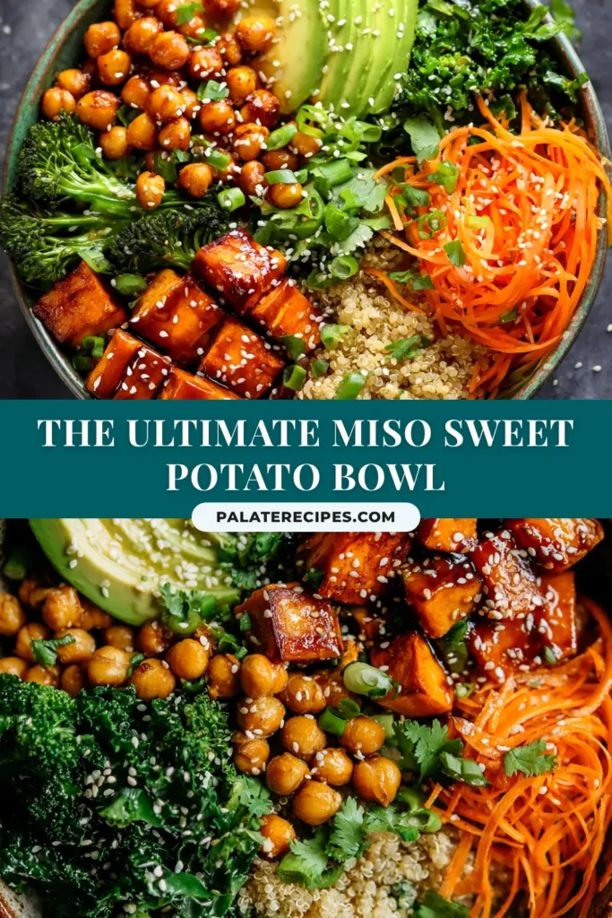 An overhead shot of a vibrant Miso Glazed Sweet Potato Bowl, showcasing caramelized sweet potatoes, quinoa, edamame, and sliced avocado in a white bowl.