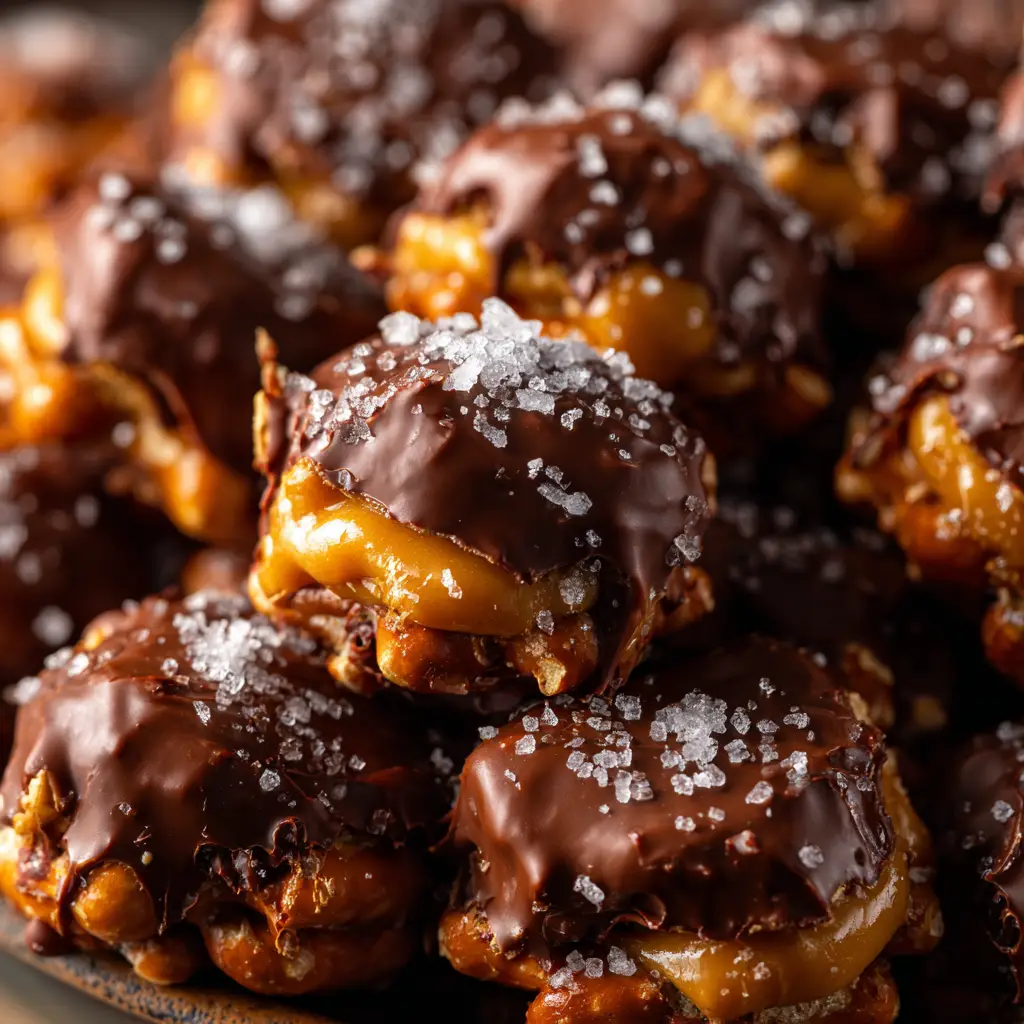 A stack of no-bake caramel pretzel bites, featuring layers of pretzel, Snickers, and a thick chocolate coating.