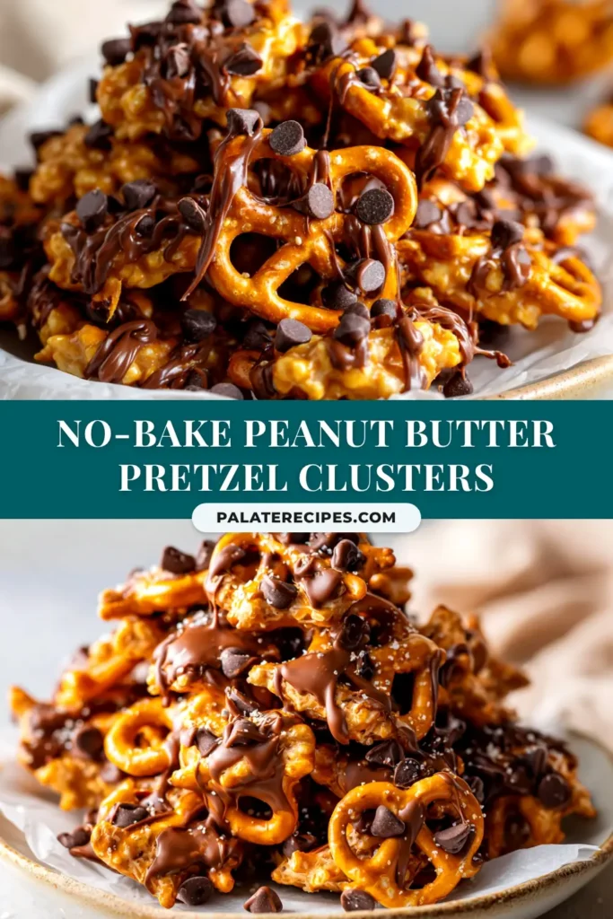 A top-down view of several no-bake peanut butter pretzel clusters on a piece of parchment paper, highlighting their sweet and salty texture.