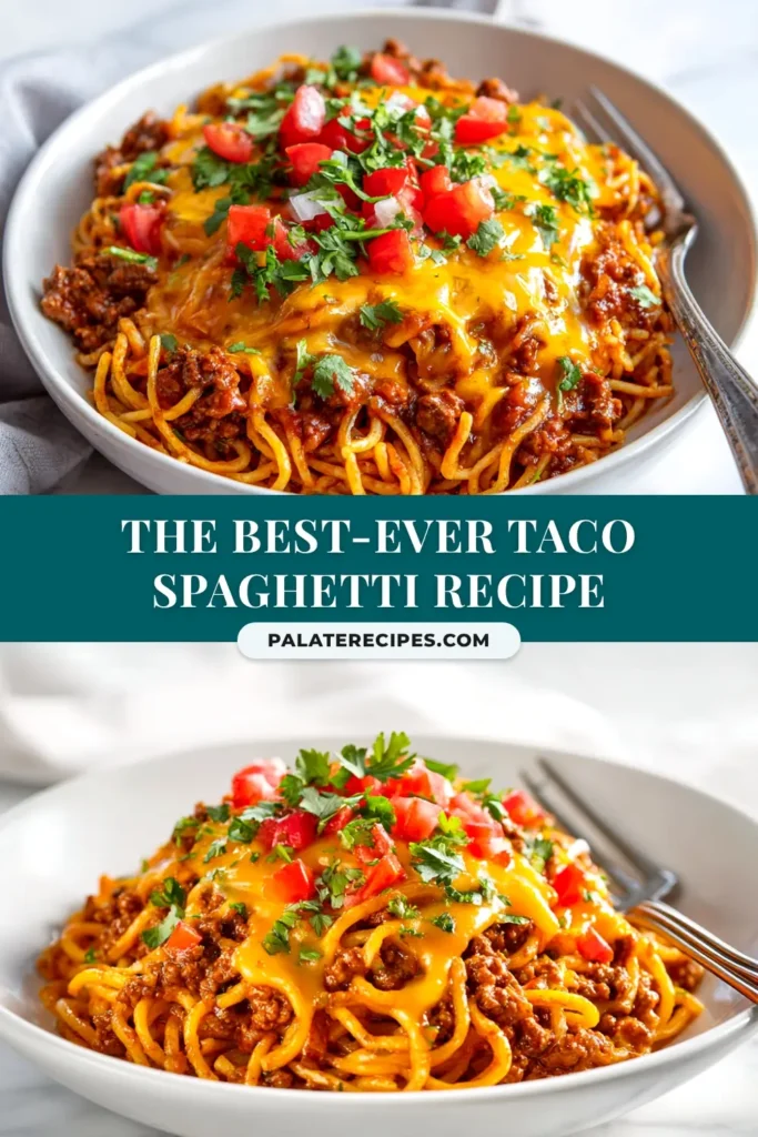 Taco Spaghetti: The Ultimate Weeknight Dinner Mashup 5 A close-up shot of a skillet filled with cheesy Taco Spaghetti, garnished with fresh cilantro. The perfect one-pan weeknight dinner recipe.