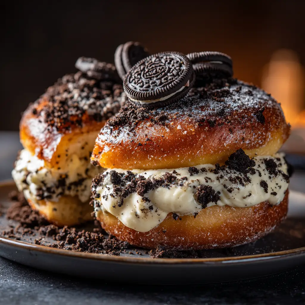 A plate with several Oreo Cheesecake Stuffed Donuts, showing the delicious end result of the recipe.
