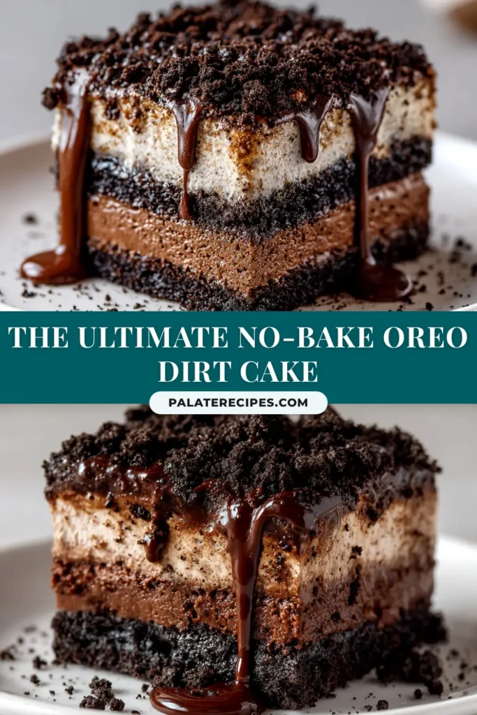 Oreo Dirt Cake Recipe (The Easiest No-Bake Treat!) 5 A top-down view of a delicious Oreo Dirt Cake Recipe in a 9x13 glass dish, showing the layers of creamy filling and crushed Oreo topping, decorated with colorful gummy worms.