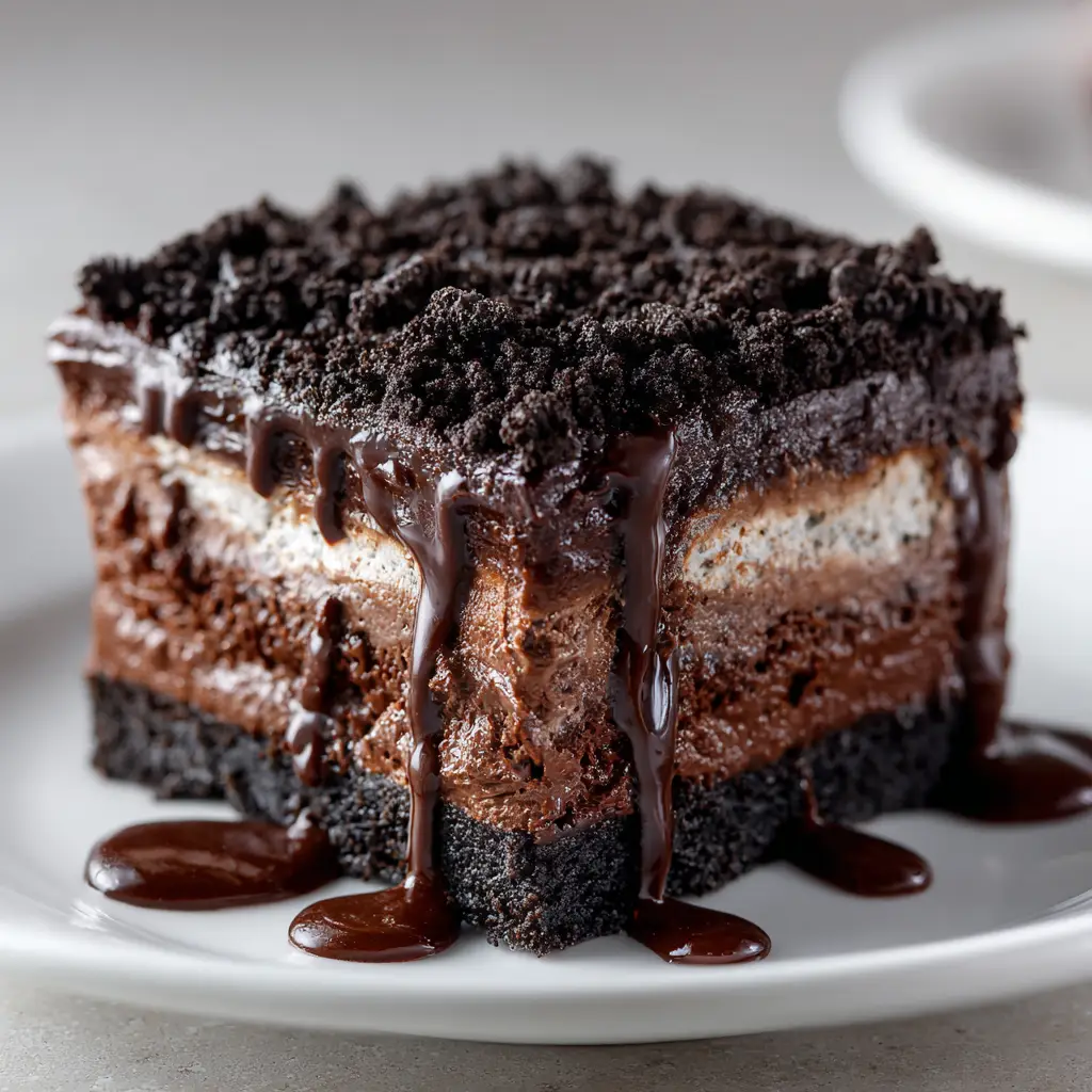 Oreo Dirt Cake Recipe (The Easiest No-Bake Treat!) 3 A perfectly cut square slice of Oreo dirt cake on a white plate, showcasing the distinct layers of Oreo crust, cream cheese filling, and pudding.