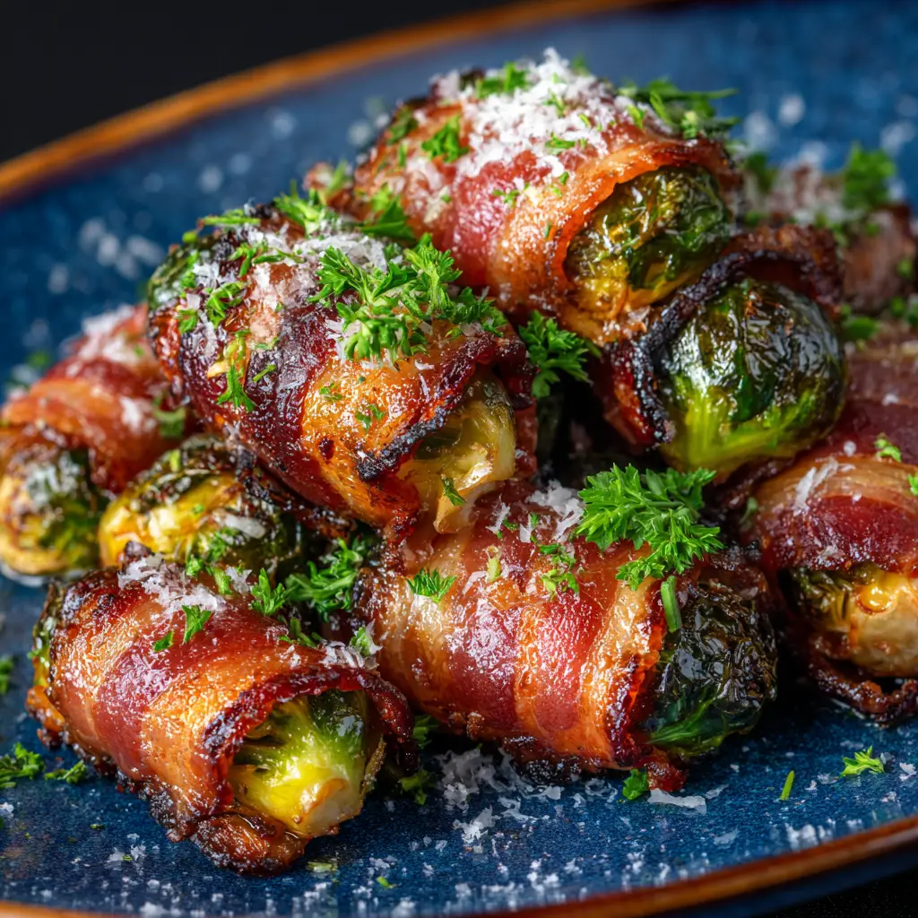 A platter of freshly baked bacon-wrapped brussels sprouts ready to be served as an appetizer.