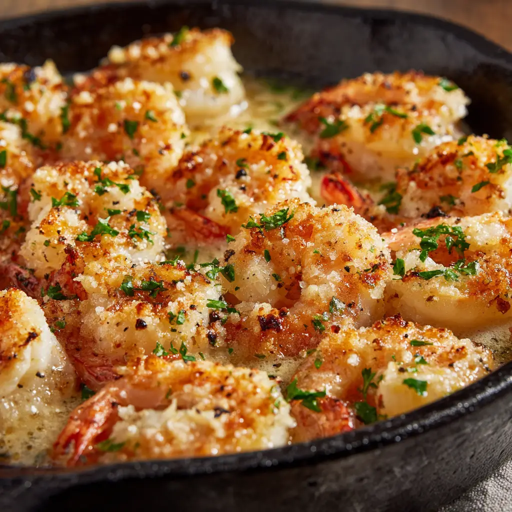 A spoonful of parmesan crusted shrimp being lifted from a baking dish, with melted butter and garlic visible.