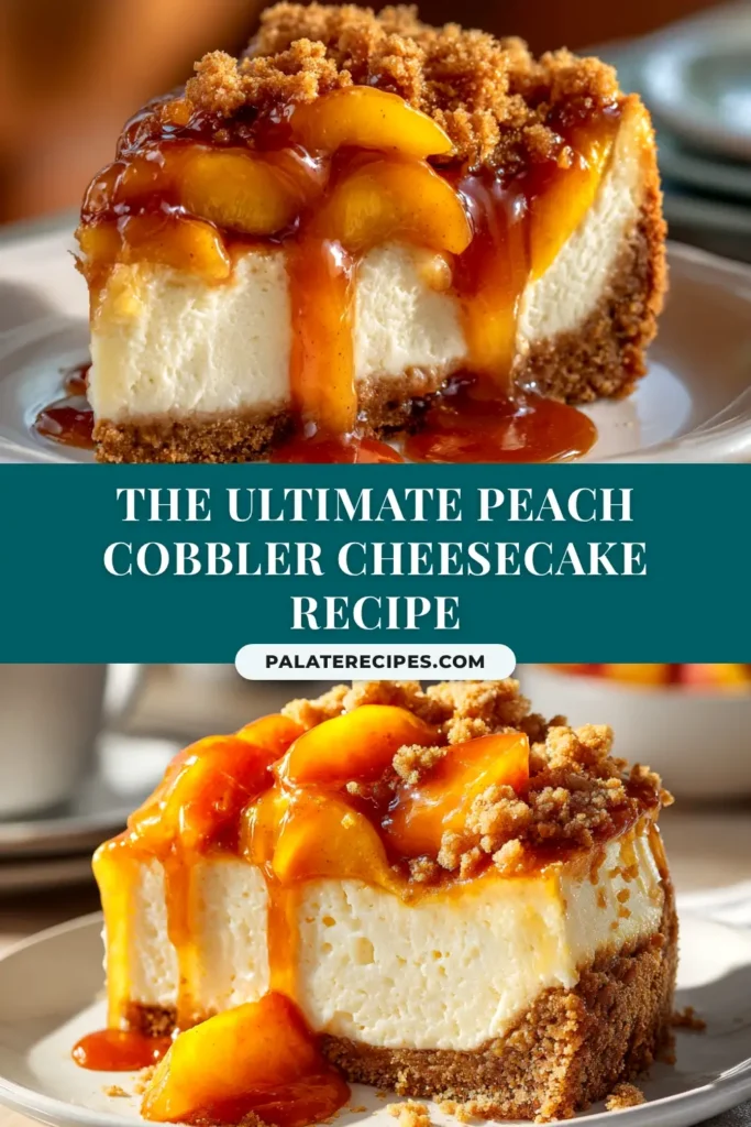 A beautiful hero shot of the finished peach cobbler cheesecake on a rustic wooden table, ready to be shared on Pinterest.