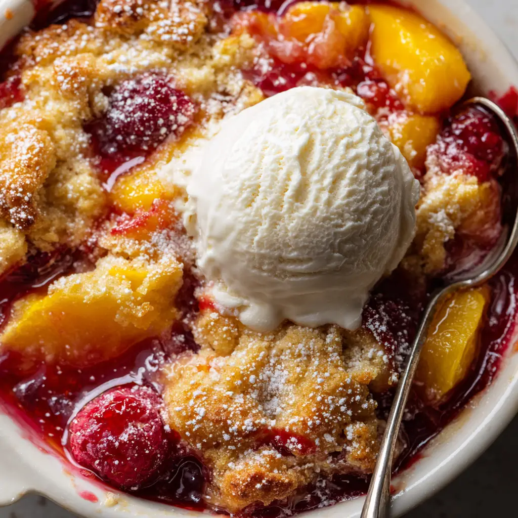 Peach Raspberry Cobbler (The Only Recipe You'll Ever Need) 3 The fruit filling for the peach raspberry cobbler, with fresh peaches and raspberries mixed with sugar and cornstarch in a glass bowl.