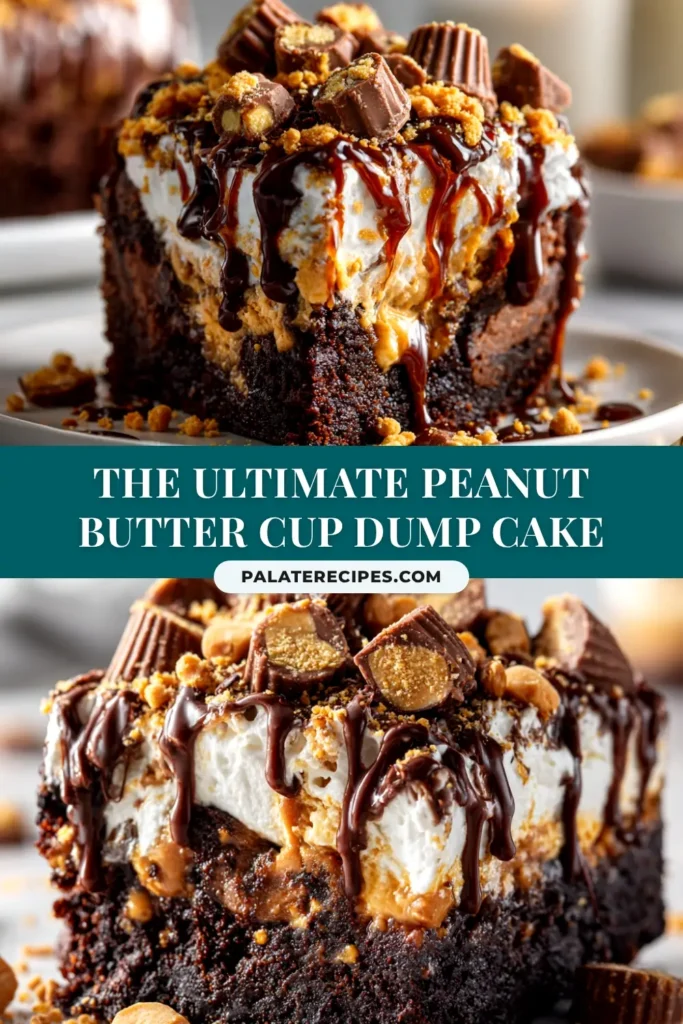 A delicious slice of Peanut Butter Cup Dump Cake on a white plate, showing the gooey chocolate and peanut butter layers. A perfect easy dessert recipe.