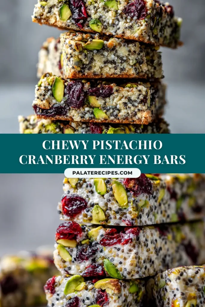 Pistachio Cranberry Chia Bars: Easy, No-Bake & Healthy 5 A stack of homemade pistachio cranberry chia bars on parchment paper. The bars are filled with visible pistachios, cranberries, and oats, perfect for a healthy no-bake snack.