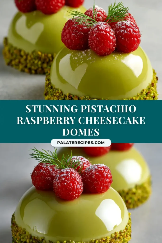 A stunning overhead shot of a whole Pistachio Raspberry Cheesecake, showcasing the vibrant green pistachio crust and the beautiful red raspberry swirl on its creamy top.