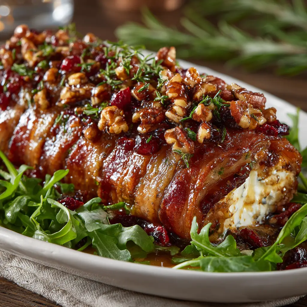 A platter of bacon wrapped goat cheese bites ready to be served, garnished with fresh herbs for a pop of color.