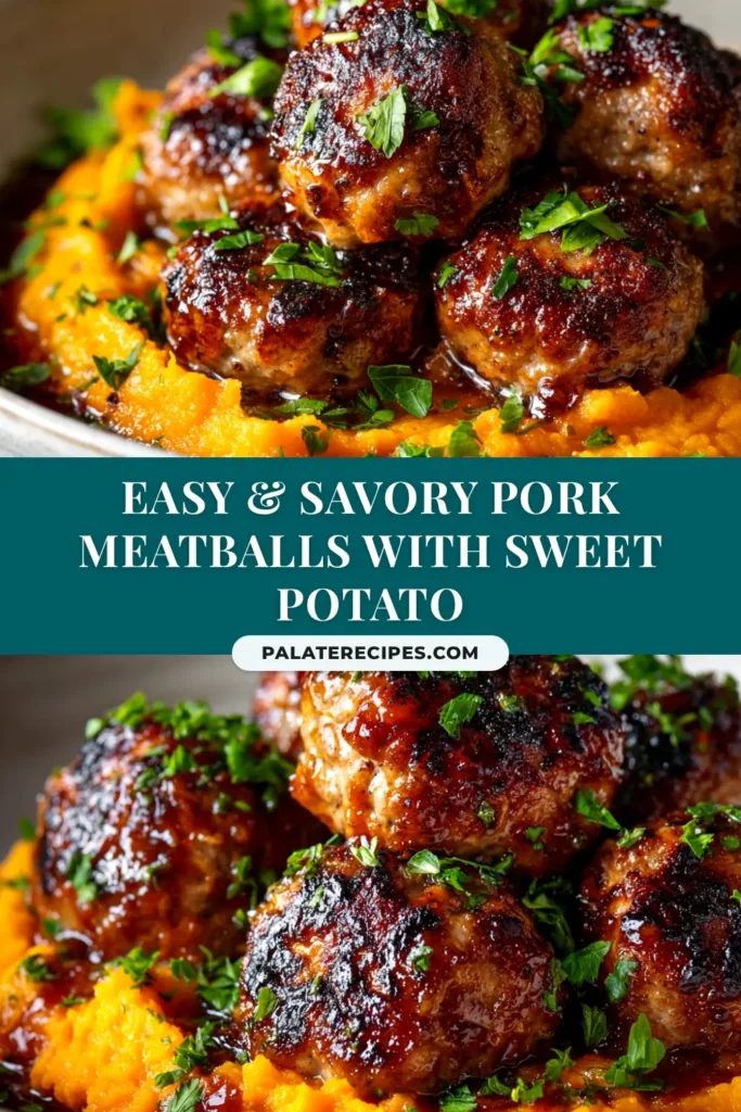 An overhead shot of a sheet pan with savory pork meatballs and roasted sweet potato cubes, glazed and ready to serve. The perfect easy weeknight dinner idea.
