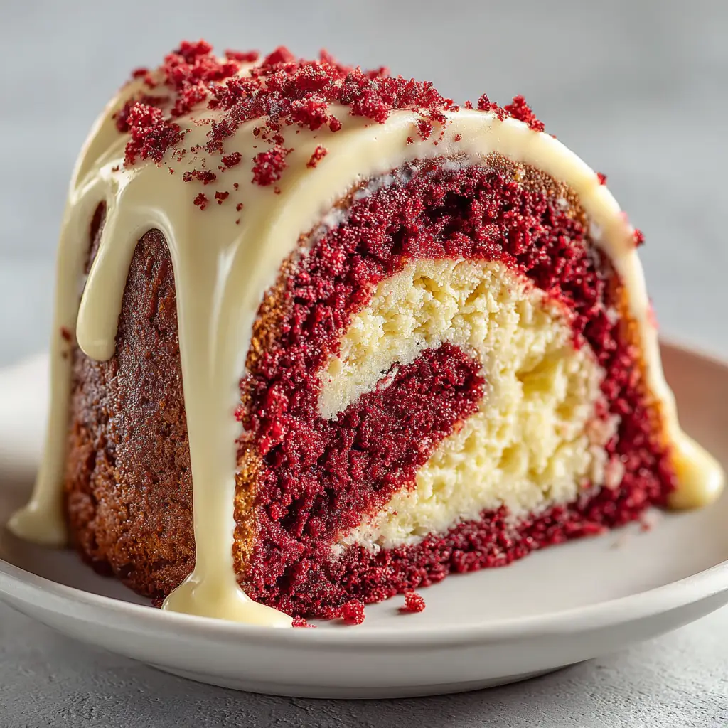 Red Velvet Cheesecake Bundt Cake: A Decadent Duo 2 A top-down view of the Red Velvet Cheesecake Bundt Cake, showcasing the elegant shape of the bundt pan and the rich red color of the cake.