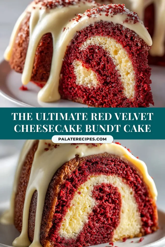 Red Velvet Cheesecake Bundt Cake: A Decadent Duo 4 A stunning Red Velvet Cheesecake Bundt Cake on a white plate, revealing a perfect swirl of cheesecake filling inside. The cake is ready to be shared.