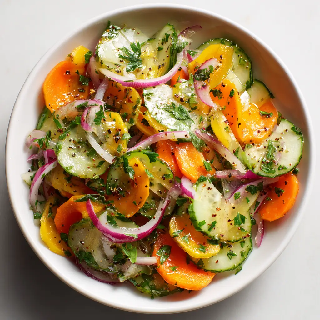 Crunchy Cucumber Carrot Salad (Quick & Refreshing!) 3 Close-up of julienned carrots and sliced cucumbers in a refreshing summer salad, showcasing the texture.