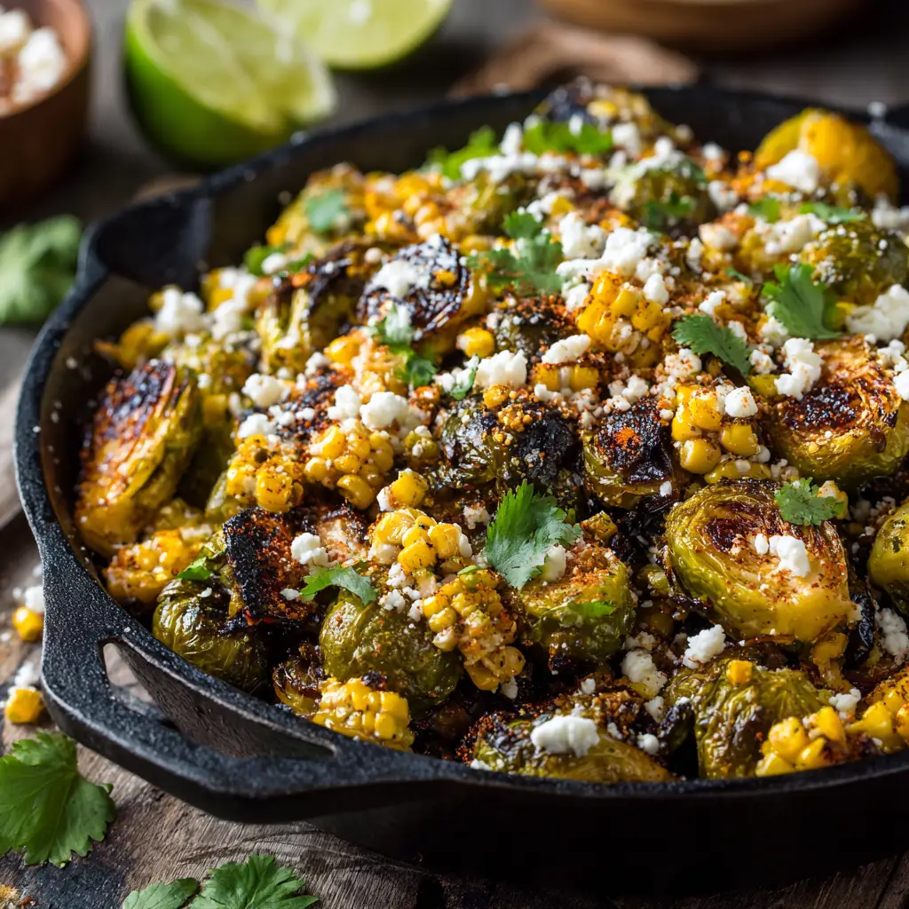 Mexican Street Corn Brussels Sprouts: The Ultimate Elote-Style Side Dish 2 A serving platter of roasted brussels sprouts with cotija cheese and a lime wedge on the side.