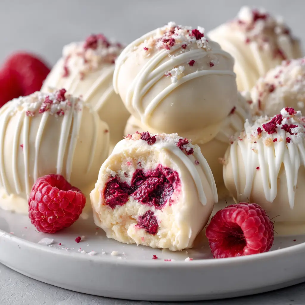 A row of perfectly rolled raspberry cheesecake balls on parchment paper before being dipped in white chocolate.