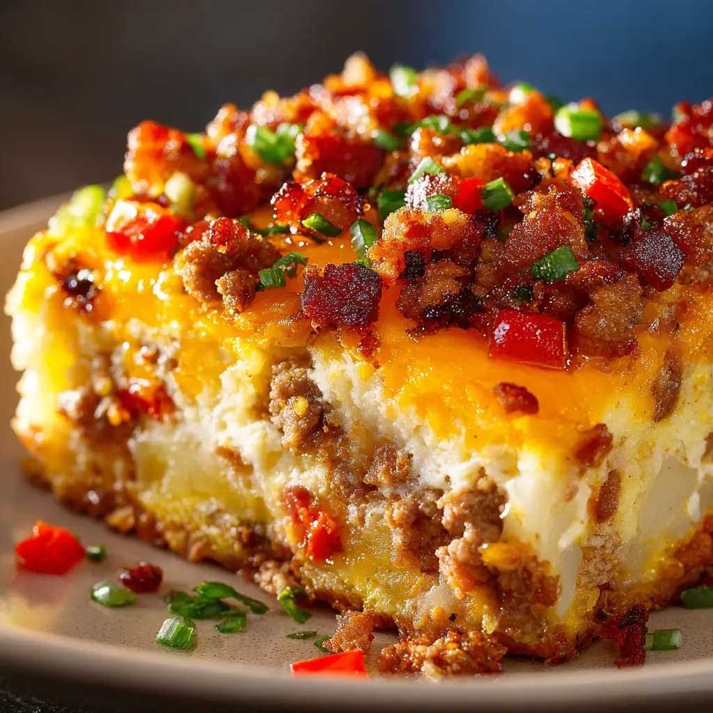 A delicious slice of sausage breakfast casserole on a plate, ready to be served for a weekend brunch or holiday morning.