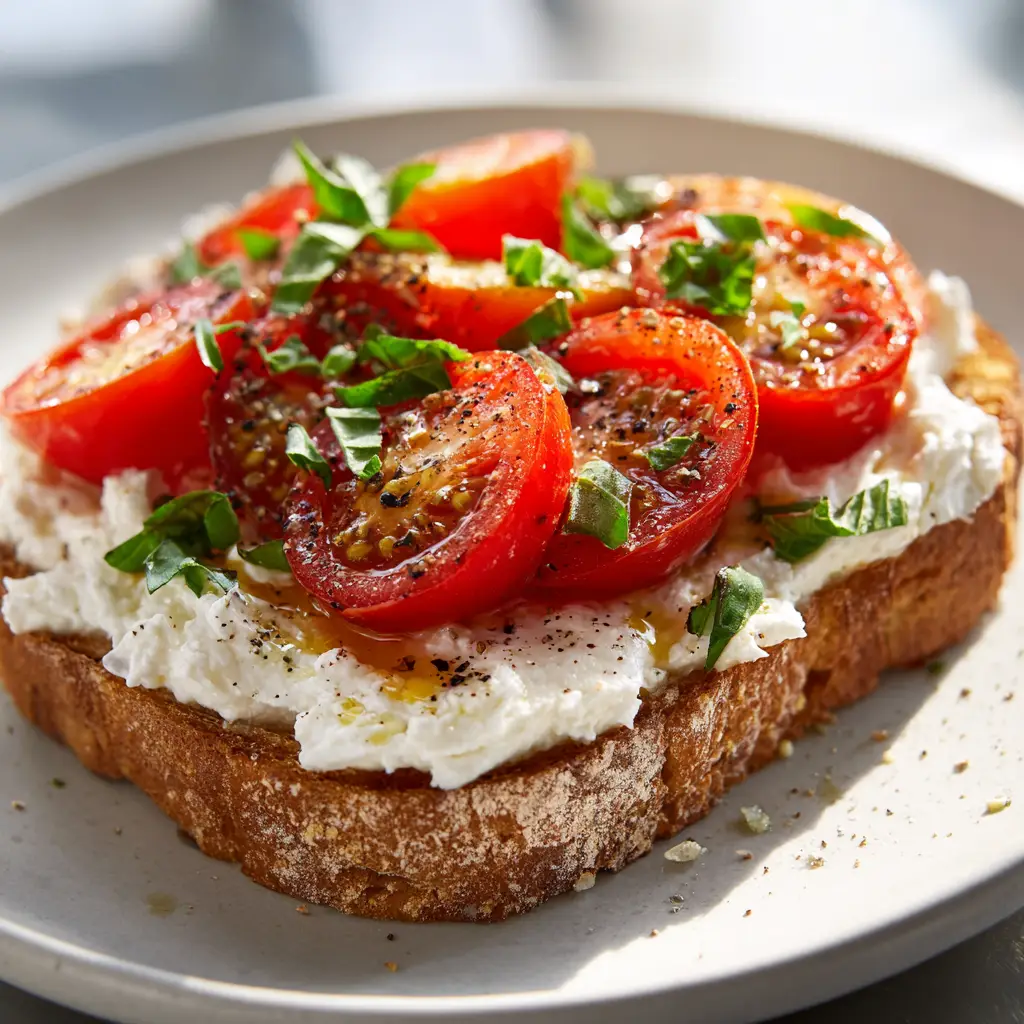 A savory cottage cheese toast topped with sliced cherry tomatoes and fresh herbs, showcasing a healthy breakfast idea.