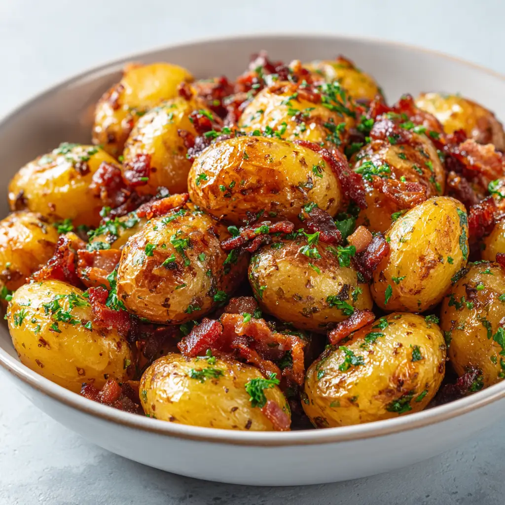Crispy Bacon Honey Roasted Potatoes (The Ultimate Recipe) 2 A serving of crispy bacon and honey roasted potatoes on a plate, ready to be eaten as a delicious side dish.