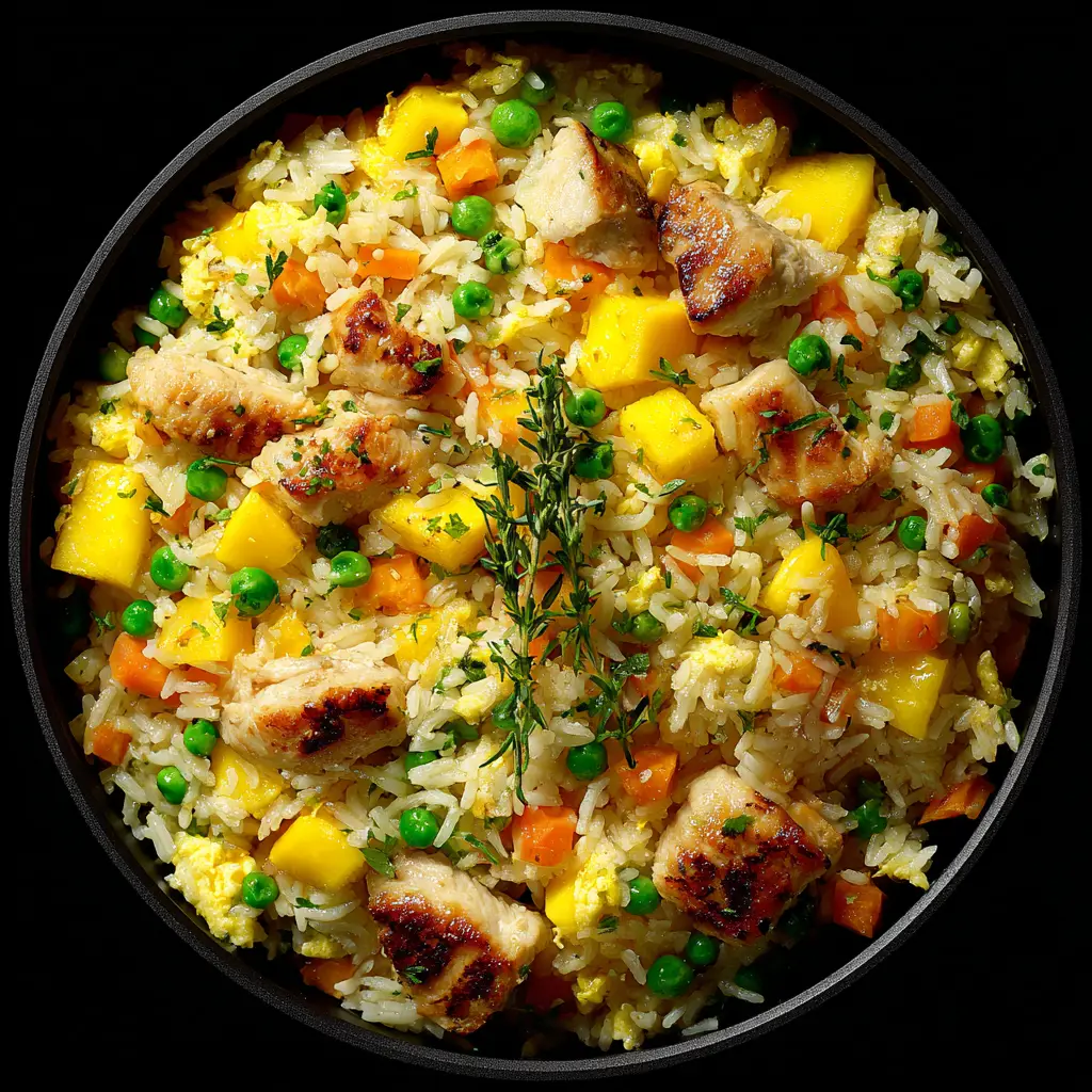 A spoonful of sweet and savory fried rice being lifted from a bowl, showcasing the tender chicken and chunks of fresh mango.