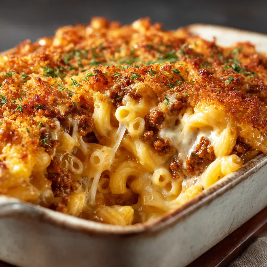 A serving of the hamburger pasta bake on a plate, showing the layers of pasta, meat sauce, and melted cheese.