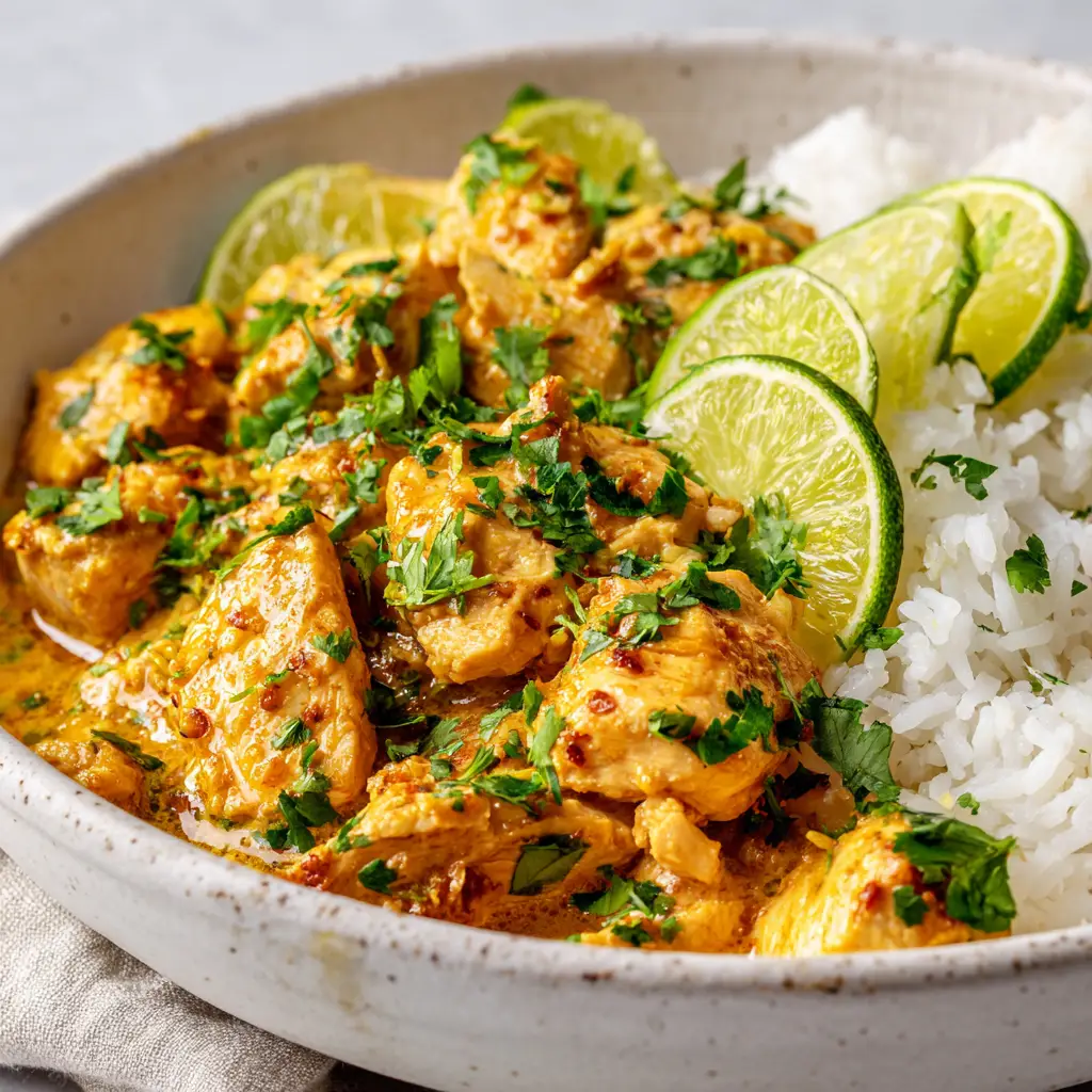 A spoonful of shredded coconut lime chicken being lifted from a bowl, with fresh cilantro garnish visible.