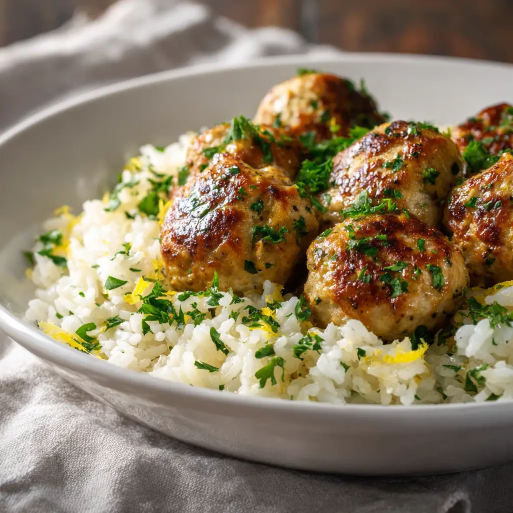 Greek Turkey Meatballs (Juicy & Flavorful!) 2 A bowl of healthy Greek turkey meatballs served over lemon rice with a side of creamy tzatziki sauce.
