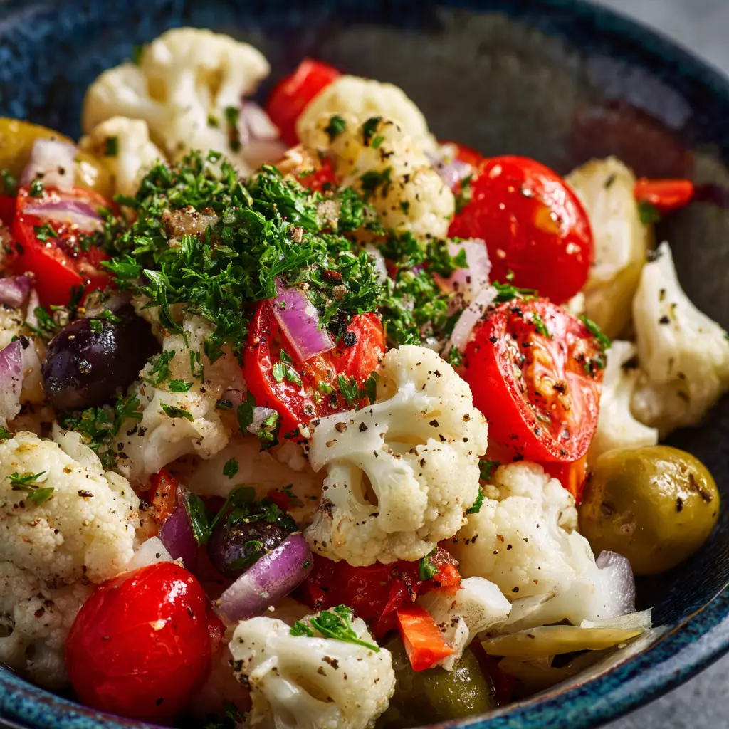 Sicilian Cauliflower Salad (The Best Authentic Recipe) 3 A close-up of the ingredients for an Italian cauliflower salad, including cauliflower florets, red onions, and olives in a glass bowl.