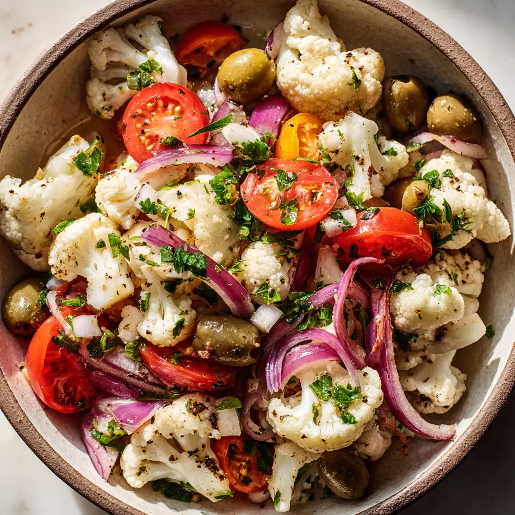 Sicilian Cauliflower Salad (Authentic & Easy Recipe) 3 An overhead close-up shot of the Sicilian cauliflower salad in a serving bowl, highlighting the texture of the cauliflower and colorful ingredients.